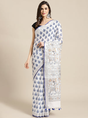 White and Blue, Kalakari India Bhagalpuri Linen Blend Woven Design Saree with Blouse ALBGSA0136-Saree-Kalakari India-ALBGSA0136-Cotton, Geographical Indication, Hand Crafted, Heritage Prints, Linen, Natural Dyes, Red, Sarees, Shibori, Sustainable Fabrics, Woven, Yellow-[Linen,Ethnic,wear,Fashionista,Handloom,Handicraft,Indigo,blockprint,block,print,Cotton,Chanderi,Blue, latest,classy,party,bollywood,trendy,summer,style,traditional,formal,elegant,unique,style,hand,block,print, dabu,booti,gift,pre