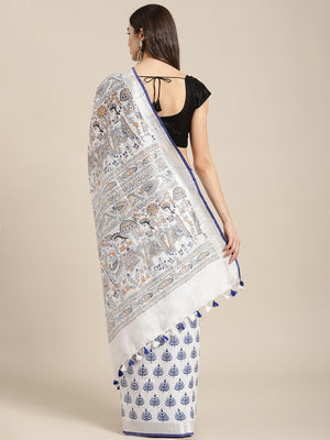 White and Blue, Kalakari India Bhagalpuri Linen Blend Woven Design Saree with Blouse ALBGSA0136-Saree-Kalakari India-ALBGSA0136-Cotton, Geographical Indication, Hand Crafted, Heritage Prints, Linen, Natural Dyes, Red, Sarees, Shibori, Sustainable Fabrics, Woven, Yellow-[Linen,Ethnic,wear,Fashionista,Handloom,Handicraft,Indigo,blockprint,block,print,Cotton,Chanderi,Blue, latest,classy,party,bollywood,trendy,summer,style,traditional,formal,elegant,unique,style,hand,block,print, dabu,booti,gift,pre