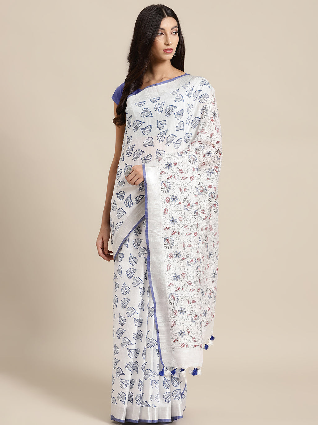 White and Blue, Kalakari India Bhagalpuri Linen Blend Woven Design Saree with Blouse ALBGSA0137-Saree-Kalakari India-ALBGSA0137-Cotton, Geographical Indication, Hand Crafted, Heritage Prints, Linen, Natural Dyes, Red, Sarees, Shibori, Sustainable Fabrics, Woven, Yellow-[Linen,Ethnic,wear,Fashionista,Handloom,Handicraft,Indigo,blockprint,block,print,Cotton,Chanderi,Blue, latest,classy,party,bollywood,trendy,summer,style,traditional,formal,elegant,unique,style,hand,block,print, dabu,booti,gift,pre