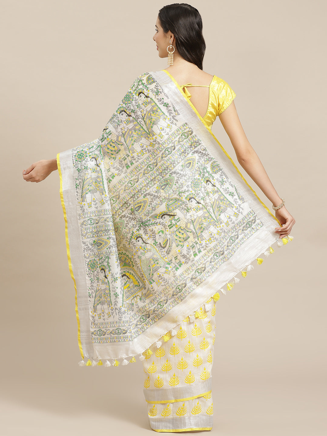 Off White and Yellow, Kalakari India Bhagalpuri Linen Blend Woven Design Saree with Blouse ALBGSA0141-Saree-Kalakari India-ALBGSA0141-Cotton, Geographical Indication, Hand Crafted, Heritage Prints, Linen, Natural Dyes, Red, Sarees, Shibori, Sustainable Fabrics, Woven, Yellow-[Linen,Ethnic,wear,Fashionista,Handloom,Handicraft,Indigo,blockprint,block,print,Cotton,Chanderi,Blue, latest,classy,party,bollywood,trendy,summer,style,traditional,formal,elegant,unique,style,hand,block,print, dabu,booti,gi