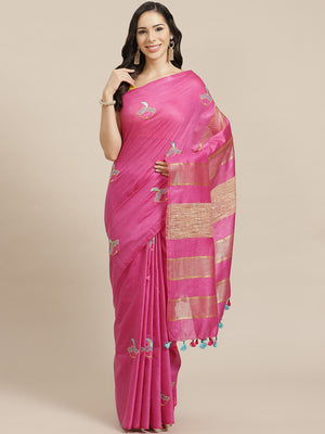 Pink and Gold, Kalakari India Bhagalpuri Silk Blend Woven Design Saree with Blouse ALBGSA0142-Saree-Kalakari India-ALBGSA0142-Bhagalpuri, Geographical Indication, Hand Crafted, Heritage Prints, Jute, Natural Dyes, Red, Sarees, Silk Blend, Sustainable Fabrics, Woven, Yellow-[Linen,Ethnic,wear,Fashionista,Handloom,Handicraft,Indigo,blockprint,block,print,Cotton,Chanderi,Blue, latest,classy,party,bollywood,trendy,summer,style,traditional,formal,elegant,unique,style,hand,block,print, dabu,booti,gift