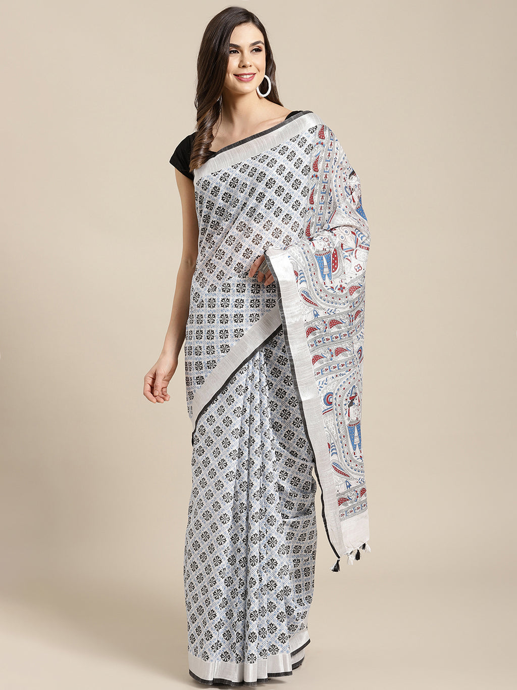 White and Blue, Kalakari India Bhagalpuri Linen Blend Woven Design Saree with Blouse ALBGSA0144-Saree-Kalakari India-ALBGSA0144-Cotton, Geographical Indication, Hand Crafted, Heritage Prints, Linen, Natural Dyes, Red, Sarees, Shibori, Sustainable Fabrics, Woven, Yellow-[Linen,Ethnic,wear,Fashionista,Handloom,Handicraft,Indigo,blockprint,block,print,Cotton,Chanderi,Blue, latest,classy,party,bollywood,trendy,summer,style,traditional,formal,elegant,unique,style,hand,block,print, dabu,booti,gift,pre