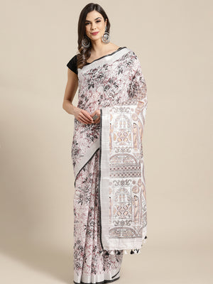 White and Peach, Kalakari India Bhagalpuri Linen Blend Woven Design Saree with Blouse ALBGSA0145-Saree-Kalakari India-ALBGSA0145-Cotton, Geographical Indication, Hand Crafted, Heritage Prints, Linen, Natural Dyes, Red, Sarees, Shibori, Sustainable Fabrics, Woven, Yellow-[Linen,Ethnic,wear,Fashionista,Handloom,Handicraft,Indigo,blockprint,block,print,Cotton,Chanderi,Blue, latest,classy,party,bollywood,trendy,summer,style,traditional,formal,elegant,unique,style,hand,block,print, dabu,booti,gift,pr