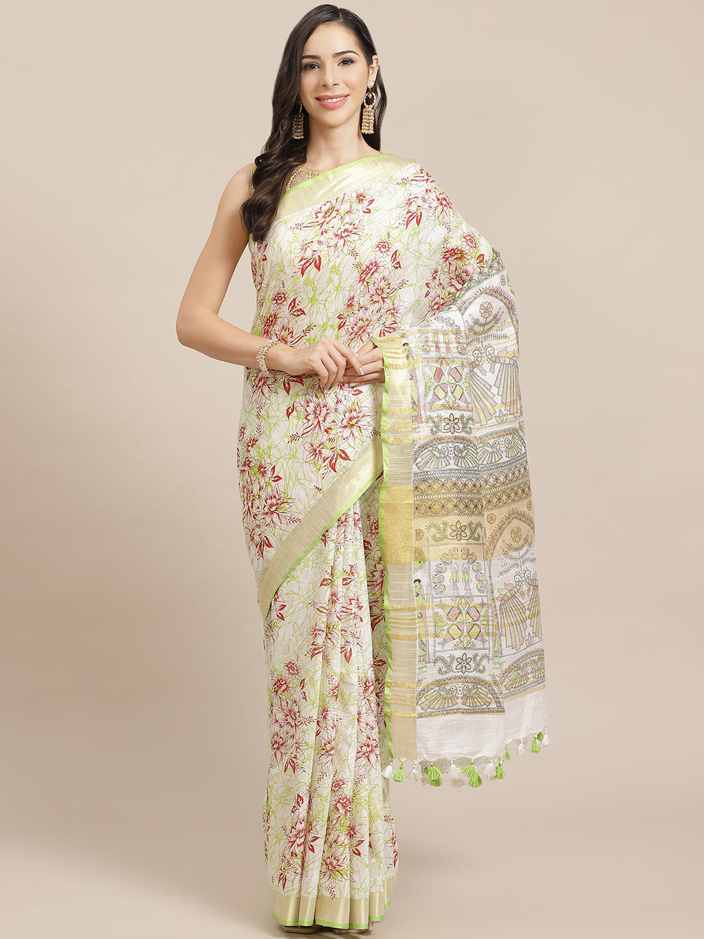 Off White and Green, Kalakari India Bhagalpuri Linen Blend Woven Design Saree with Blouse ALBGSA0146-Saree-Kalakari India-ALBGSA0146-Cotton, Geographical Indication, Hand Crafted, Heritage Prints, Linen, Natural Dyes, Red, Sarees, Shibori, Sustainable Fabrics, Woven, Yellow-[Linen,Ethnic,wear,Fashionista,Handloom,Handicraft,Indigo,blockprint,block,print,Cotton,Chanderi,Blue, latest,classy,party,bollywood,trendy,summer,style,traditional,formal,elegant,unique,style,hand,block,print, dabu,booti,gif