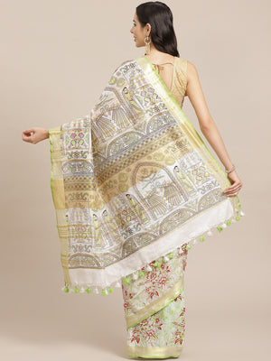 Off White and Green, Kalakari India Bhagalpuri Linen Blend Woven Design Saree with Blouse ALBGSA0146-Saree-Kalakari India-ALBGSA0146-Cotton, Geographical Indication, Hand Crafted, Heritage Prints, Linen, Natural Dyes, Red, Sarees, Shibori, Sustainable Fabrics, Woven, Yellow-[Linen,Ethnic,wear,Fashionista,Handloom,Handicraft,Indigo,blockprint,block,print,Cotton,Chanderi,Blue, latest,classy,party,bollywood,trendy,summer,style,traditional,formal,elegant,unique,style,hand,block,print, dabu,booti,gif