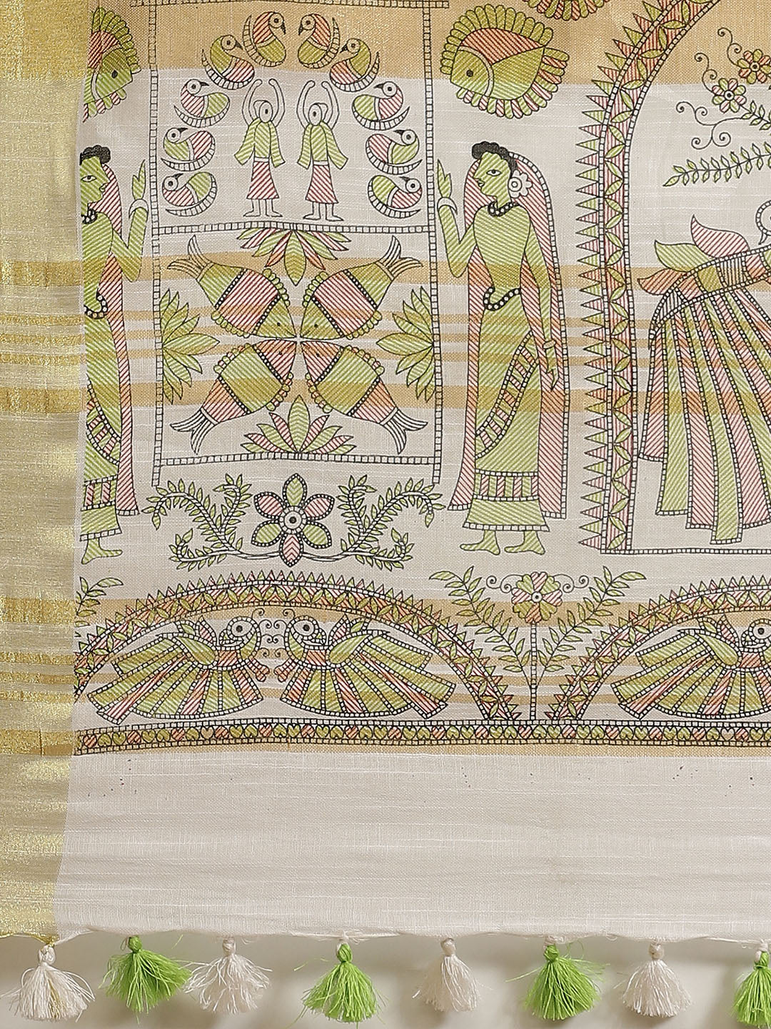 Off White and Green, Kalakari India Bhagalpuri Linen Blend Woven Design Saree with Blouse ALBGSA0146-Saree-Kalakari India-ALBGSA0146-Cotton, Geographical Indication, Hand Crafted, Heritage Prints, Linen, Natural Dyes, Red, Sarees, Shibori, Sustainable Fabrics, Woven, Yellow-[Linen,Ethnic,wear,Fashionista,Handloom,Handicraft,Indigo,blockprint,block,print,Cotton,Chanderi,Blue, latest,classy,party,bollywood,trendy,summer,style,traditional,formal,elegant,unique,style,hand,block,print, dabu,booti,gif