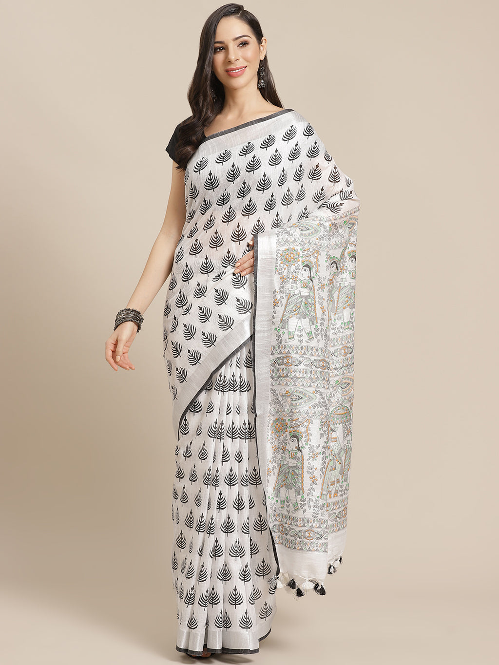 White and Green, Kalakari India Bhagalpuri Linen Blend Woven Design Saree with Blouse ALBGSA0147-Saree-Kalakari India-ALBGSA0147-Cotton, Geographical Indication, Hand Crafted, Heritage Prints, Linen, Natural Dyes, Red, Sarees, Shibori, Sustainable Fabrics, Woven, Yellow-[Linen,Ethnic,wear,Fashionista,Handloom,Handicraft,Indigo,blockprint,block,print,Cotton,Chanderi,Blue, latest,classy,party,bollywood,trendy,summer,style,traditional,formal,elegant,unique,style,hand,block,print, dabu,booti,gift,pr