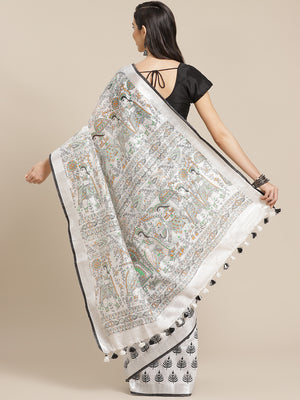 White and Green, Kalakari India Bhagalpuri Linen Blend Woven Design Saree with Blouse ALBGSA0147-Saree-Kalakari India-ALBGSA0147-Cotton, Geographical Indication, Hand Crafted, Heritage Prints, Linen, Natural Dyes, Red, Sarees, Shibori, Sustainable Fabrics, Woven, Yellow-[Linen,Ethnic,wear,Fashionista,Handloom,Handicraft,Indigo,blockprint,block,print,Cotton,Chanderi,Blue, latest,classy,party,bollywood,trendy,summer,style,traditional,formal,elegant,unique,style,hand,block,print, dabu,booti,gift,pr