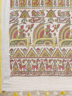Off White and Green, Kalakari India Bhagalpuri Linen Blend Woven Design Saree with Blouse ALBGSA0148-Saree-Kalakari India-ALBGSA0148-Cotton, Geographical Indication, Hand Crafted, Heritage Prints, Linen, Natural Dyes, Red, Sarees, Shibori, Sustainable Fabrics, Woven, Yellow-[Linen,Ethnic,wear,Fashionista,Handloom,Handicraft,Indigo,blockprint,block,print,Cotton,Chanderi,Blue, latest,classy,party,bollywood,trendy,summer,style,traditional,formal,elegant,unique,style,hand,block,print, dabu,booti,gif