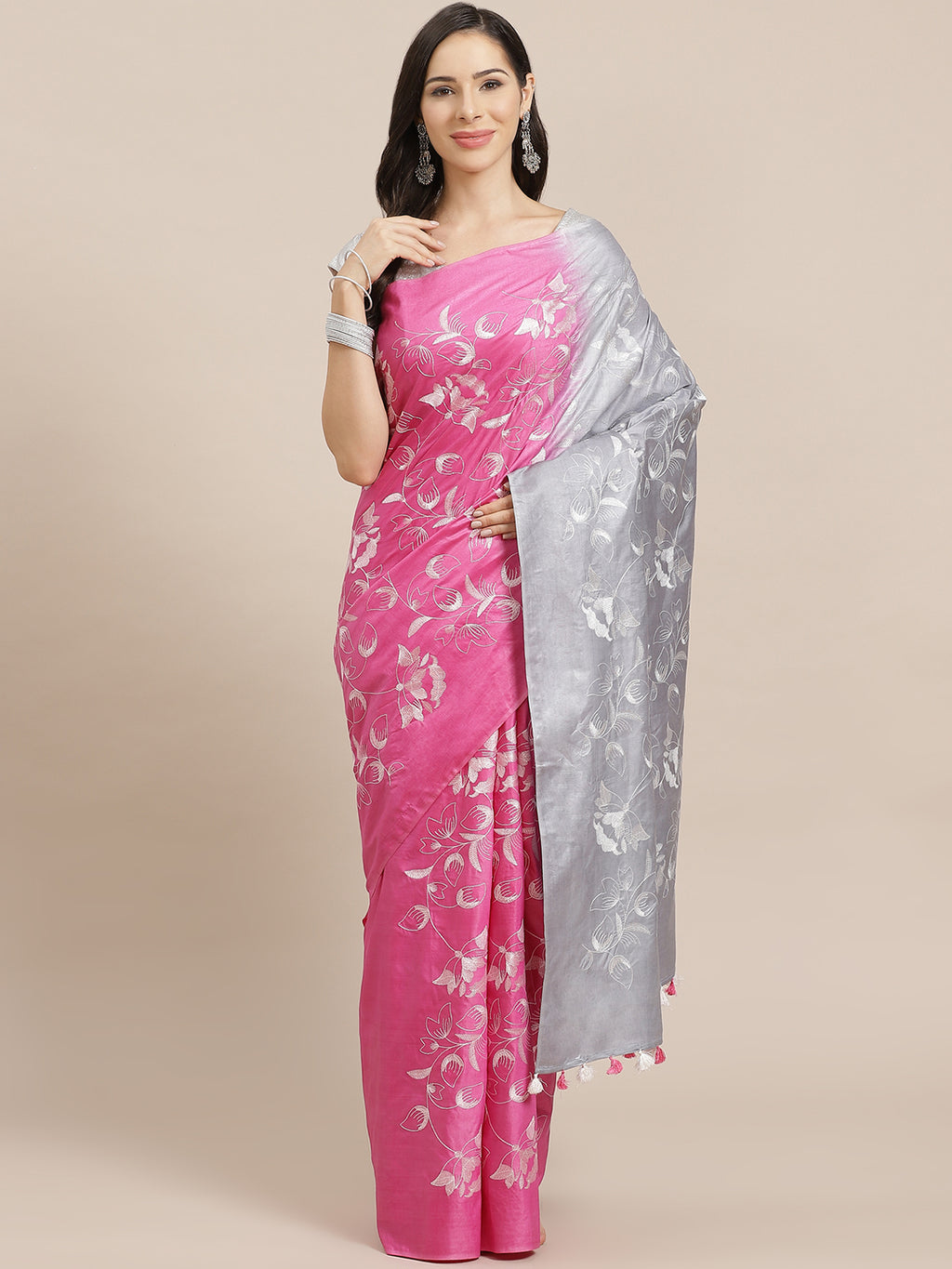 Pink and Grey, Kalakari India Bhagalpuri Silk Blend Woven Design Saree with Blouse ALBGSA0149-Saree-Kalakari India-ALBGSA0149-Bhagalpuri, Geographical Indication, Hand Crafted, Heritage Prints, Jute, Natural Dyes, Red, Sarees, Silk Blend, Sustainable Fabrics, Woven, Yellow-[Linen,Ethnic,wear,Fashionista,Handloom,Handicraft,Indigo,blockprint,block,print,Cotton,Chanderi,Blue, latest,classy,party,bollywood,trendy,summer,style,traditional,formal,elegant,unique,style,hand,block,print, dabu,booti,gift