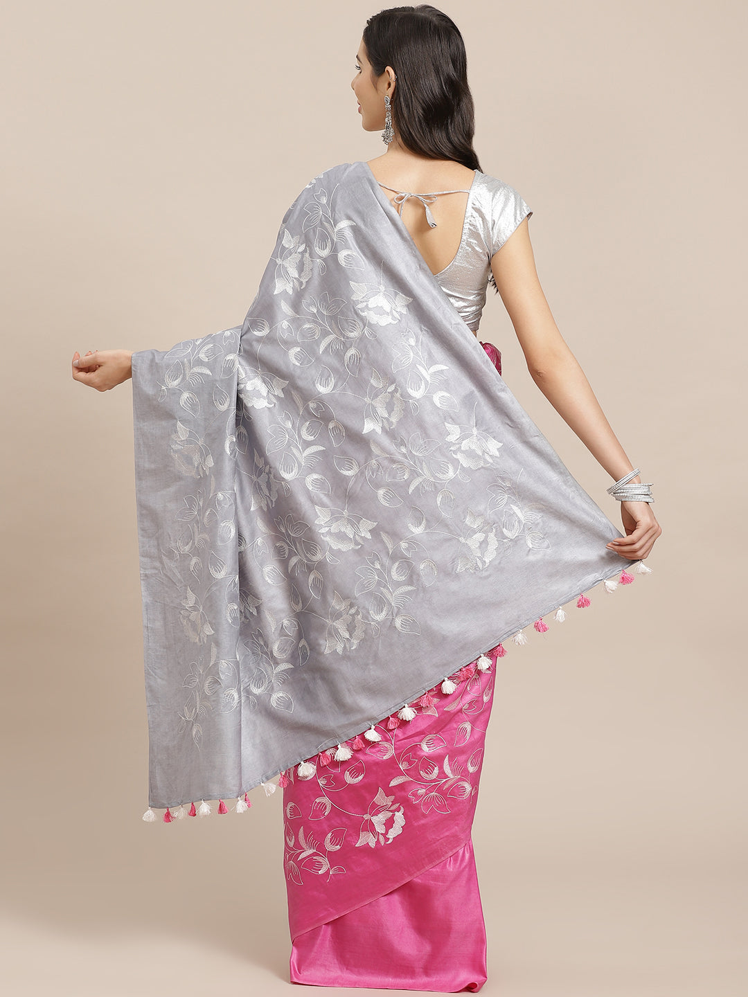 Pink and Grey, Kalakari India Bhagalpuri Silk Blend Woven Design Saree with Blouse ALBGSA0149-Saree-Kalakari India-ALBGSA0149-Bhagalpuri, Geographical Indication, Hand Crafted, Heritage Prints, Jute, Natural Dyes, Red, Sarees, Silk Blend, Sustainable Fabrics, Woven, Yellow-[Linen,Ethnic,wear,Fashionista,Handloom,Handicraft,Indigo,blockprint,block,print,Cotton,Chanderi,Blue, latest,classy,party,bollywood,trendy,summer,style,traditional,formal,elegant,unique,style,hand,block,print, dabu,booti,gift
