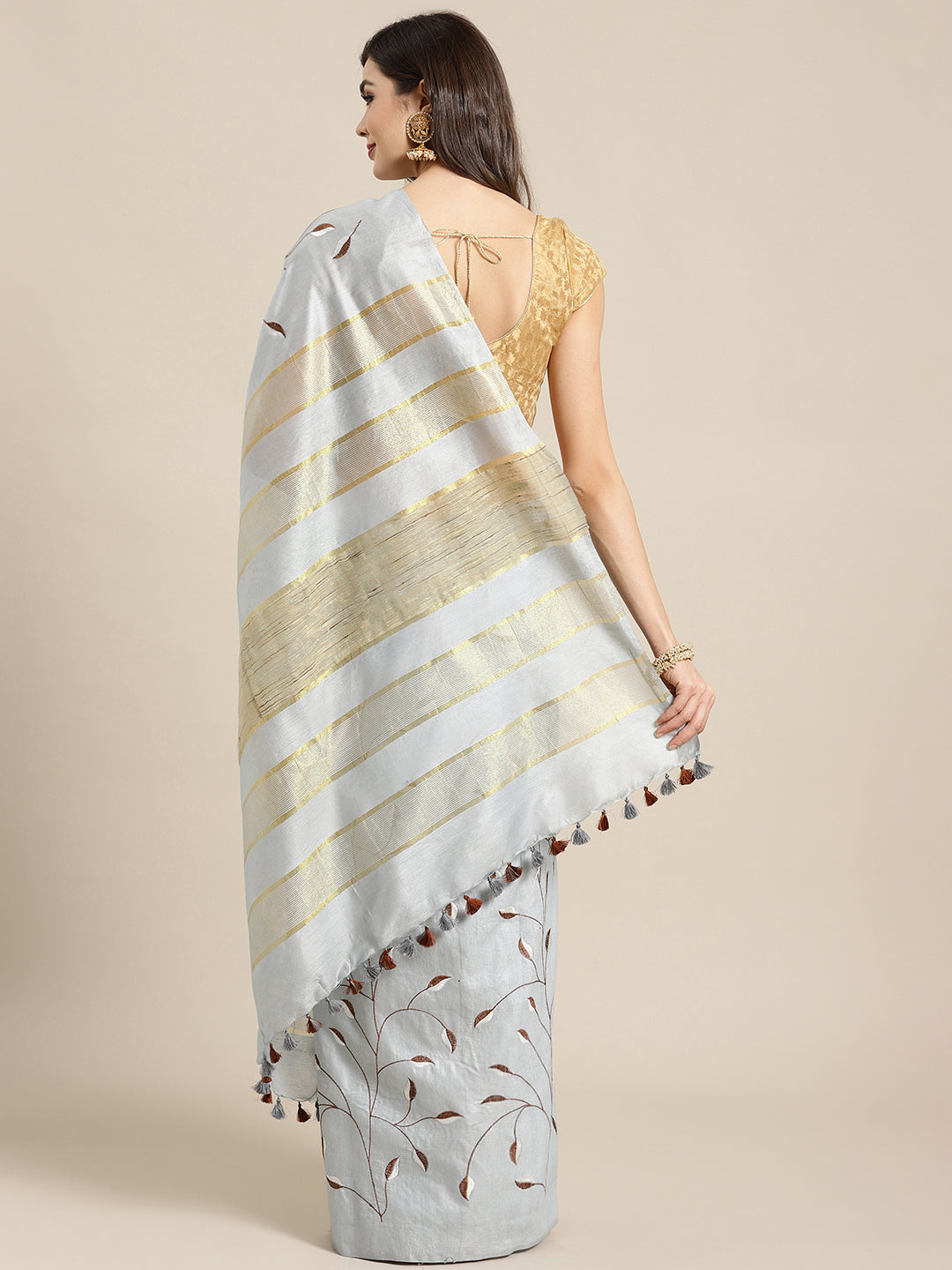 Grey and Gold, Kalakari India Bhagalpuri Silk Blend Woven Design Saree with Blouse ALBGSA0150-Saree-Kalakari India-ALBGSA0150-Bhagalpuri, Geographical Indication, Hand Crafted, Heritage Prints, Jute, Natural Dyes, Red, Sarees, Silk Blend, Sustainable Fabrics, Woven, Yellow-[Linen,Ethnic,wear,Fashionista,Handloom,Handicraft,Indigo,blockprint,block,print,Cotton,Chanderi,Blue, latest,classy,party,bollywood,trendy,summer,style,traditional,formal,elegant,unique,style,hand,block,print, dabu,booti,gift