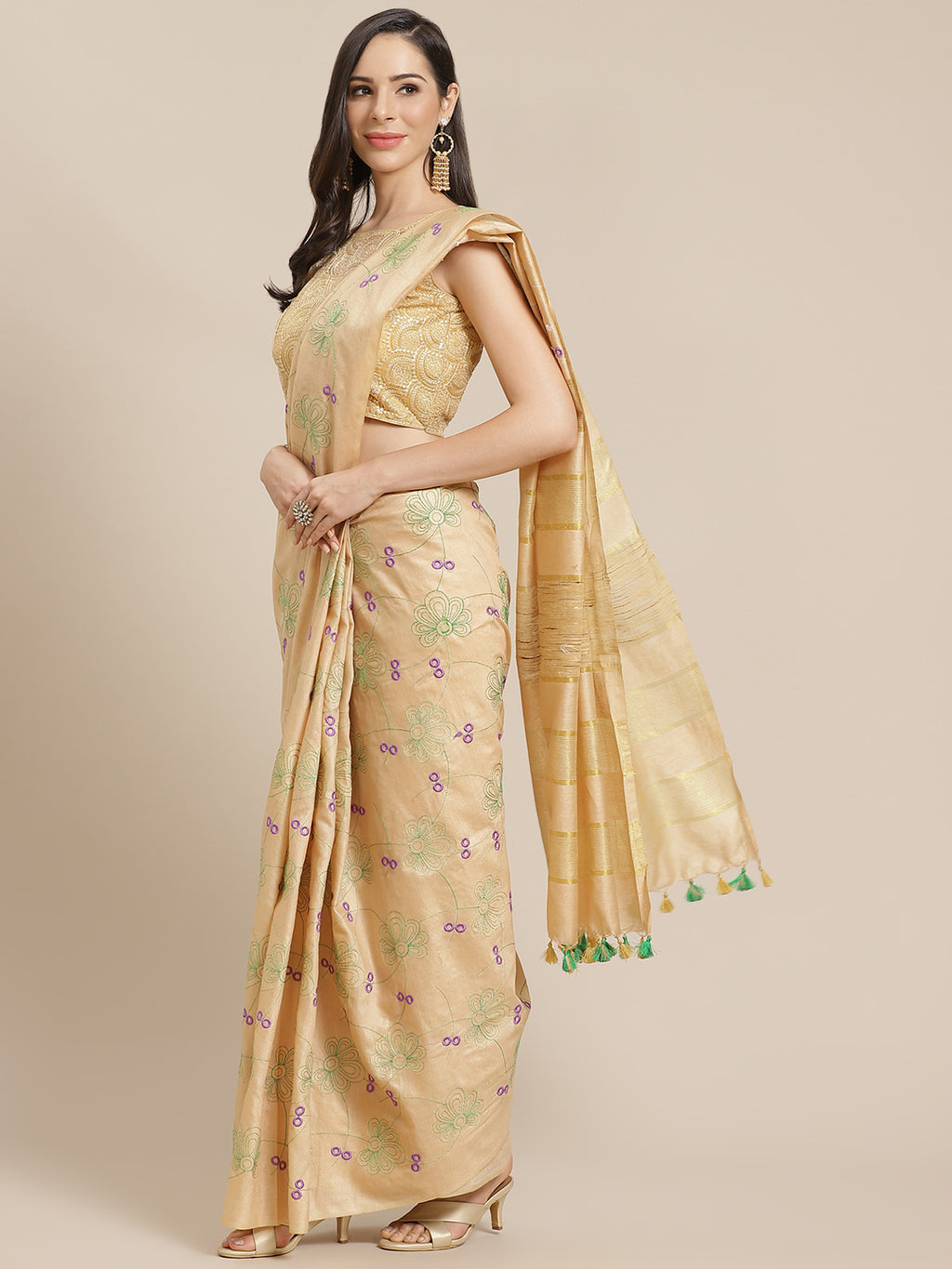 Peach and Gold, Kalakari India Bhagalpuri Silk Blend Woven Design Saree with Blouse ALBGSA0152-Saree-Kalakari India-ALBGSA0152-Bhagalpuri, Geographical Indication, Hand Crafted, Heritage Prints, Jute, Natural Dyes, Red, Sarees, Silk Blend, Sustainable Fabrics, Woven, Yellow-[Linen,Ethnic,wear,Fashionista,Handloom,Handicraft,Indigo,blockprint,block,print,Cotton,Chanderi,Blue, latest,classy,party,bollywood,trendy,summer,style,traditional,formal,elegant,unique,style,hand,block,print, dabu,booti,gif