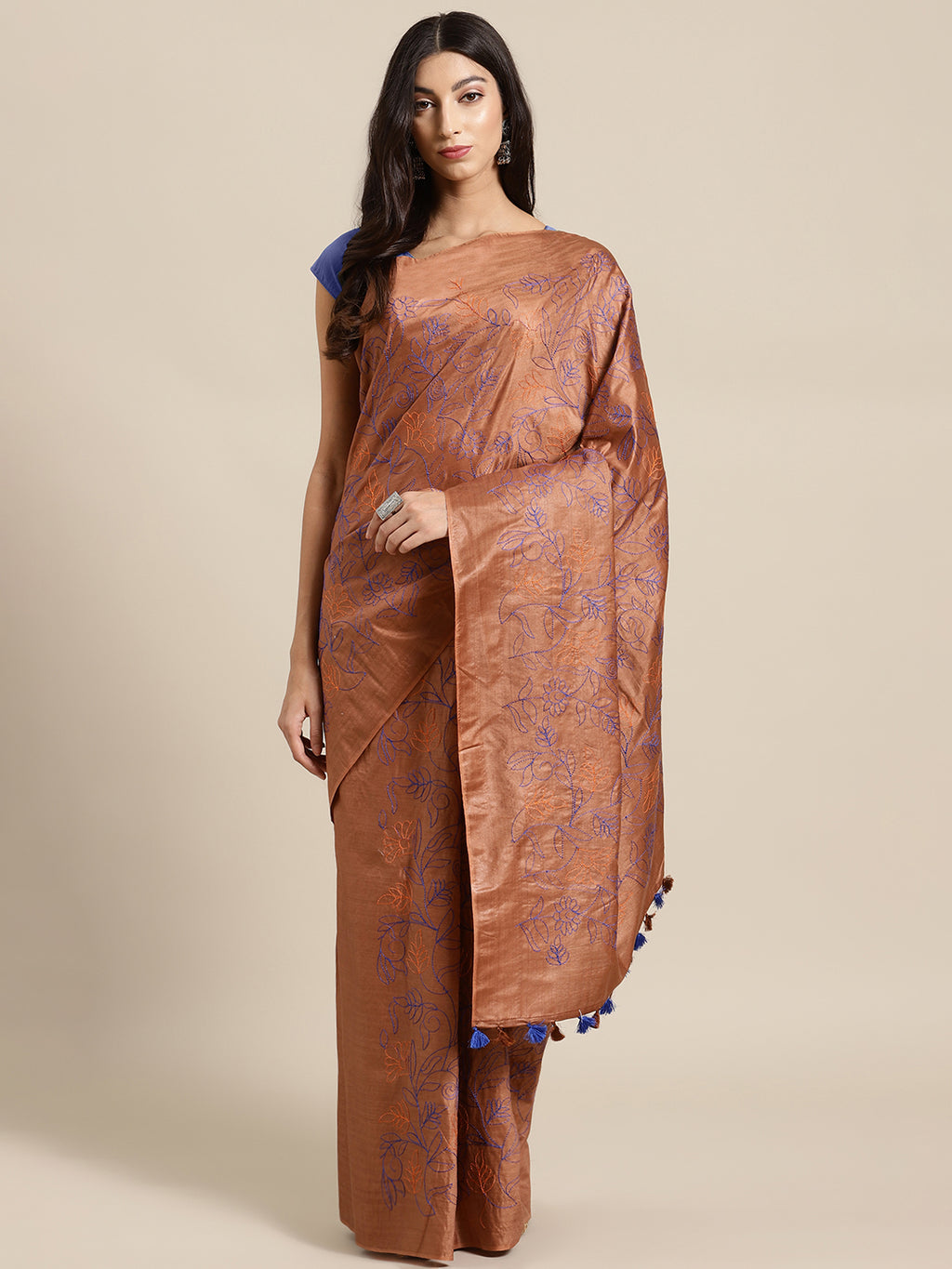 Brown and Blue, Kalakari India Bhagalpuri Silk Blend Woven Design Saree with Blouse ALBGSA0153-Saree-Kalakari India-ALBGSA0153-Bhagalpuri, Geographical Indication, Hand Crafted, Heritage Prints, Jute, Natural Dyes, Red, Sarees, Silk Blend, Sustainable Fabrics, Woven, Yellow-[Linen,Ethnic,wear,Fashionista,Handloom,Handicraft,Indigo,blockprint,block,print,Cotton,Chanderi,Blue, latest,classy,party,bollywood,trendy,summer,style,traditional,formal,elegant,unique,style,hand,block,print, dabu,booti,gif