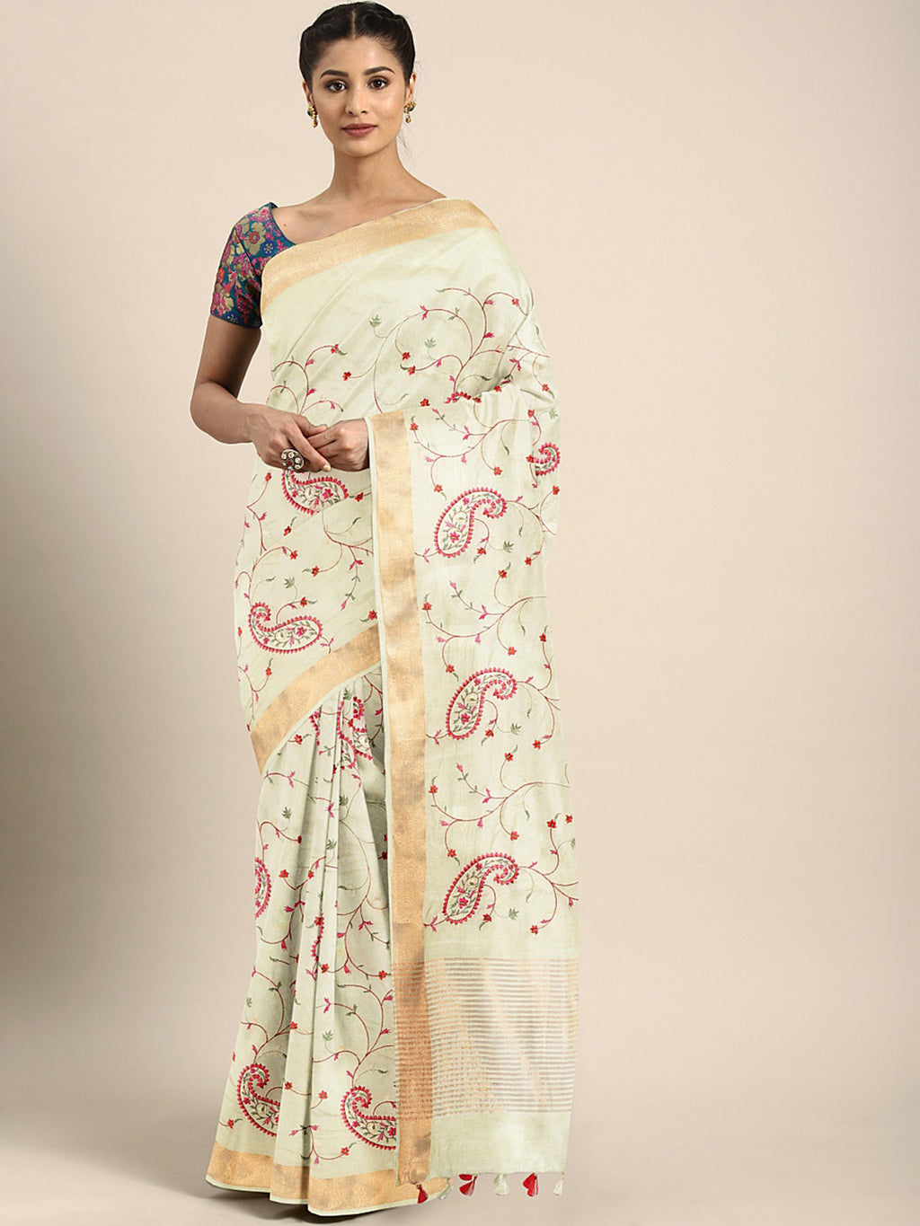 Kalakari India Kota Silk Embroidered Saree With Blouse ALBGSA0162-Saree-Kalakari India-ALBGSA0162-Geographical Indication, Hand Crafted, Heritage Prints, Linen, Natural Dyes, Pure Cotton, Sarees, Sustainable Fabrics, Woven-[Linen,Ethnic,wear,Fashionista,Handloom,Handicraft,Indigo,blockprint,block,print,Cotton,Chanderi,Blue, latest,classy,party,bollywood,trendy,summer,style,traditional,formal,elegant,unique,style,hand,block,print, dabu,booti,gift,present,glamorous,affordable,collectible,Sari,Sare