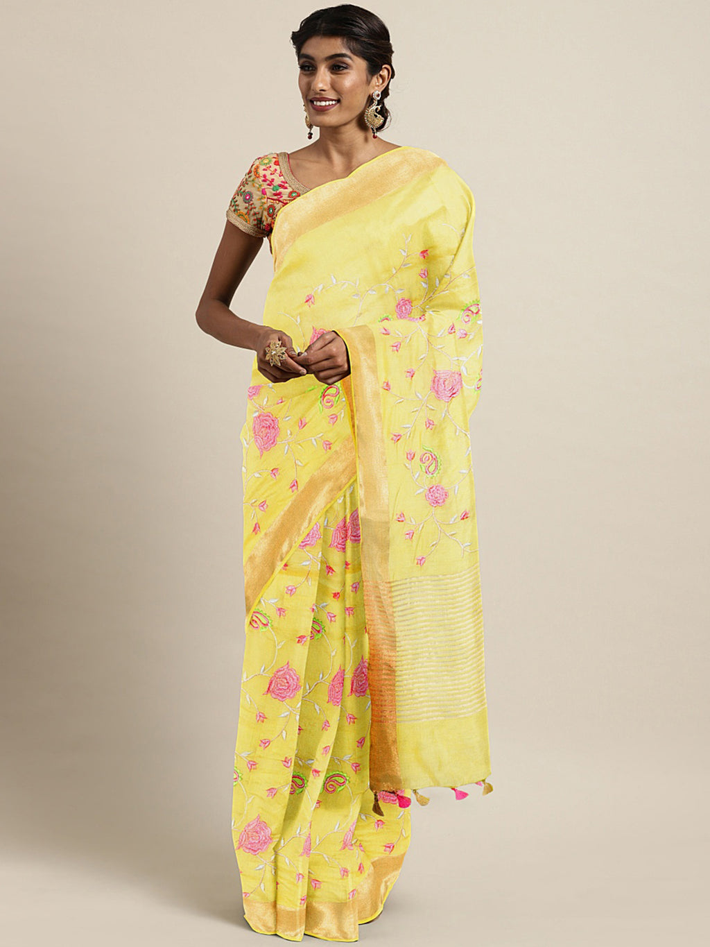 Kalakari India Kota Silk Embroidered Saree With Blouse ALBGSA0169-Saree-Kalakari India-ALBGSA0169-Geographical Indication, Hand Crafted, Heritage Prints, Linen, Natural Dyes, Pure Cotton, Sarees, Sustainable Fabrics, Woven-[Linen,Ethnic,wear,Fashionista,Handloom,Handicraft,Indigo,blockprint,block,print,Cotton,Chanderi,Blue, latest,classy,party,bollywood,trendy,summer,style,traditional,formal,elegant,unique,style,hand,block,print, dabu,booti,gift,present,glamorous,affordable,collectible,Sari,Sare