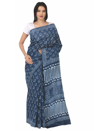 Indigo Dabu Hand Block Print Handcrafted Cotton Saree-Saree-Kalakari India-BAPASA0012-Cotton, Dabu, Geographical Indication, Hand Blocks, Hand Crafted, Heritage Prints, Indigo, Natural Dyes, Sarees, Sustainable Fabrics-[Linen,Ethnic,wear,Fashionista,Handloom,Handicraft,Indigo,blockprint,block,print,Cotton,Chanderi,Blue, latest,classy,party,bollywood,trendy,summer,style,traditional,formal,elegant,unique,style,hand,block,print, dabu,booti,gift,present,glamorous,affordable,collectible,Sari,Saree,pr