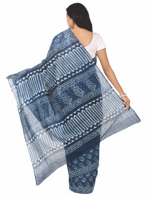 Indigo Dabu Hand Block Print Handcrafted Cotton Saree-Saree-Kalakari India-BAPASA0012-Cotton, Dabu, Geographical Indication, Hand Blocks, Hand Crafted, Heritage Prints, Indigo, Natural Dyes, Sarees, Sustainable Fabrics-[Linen,Ethnic,wear,Fashionista,Handloom,Handicraft,Indigo,blockprint,block,print,Cotton,Chanderi,Blue, latest,classy,party,bollywood,trendy,summer,style,traditional,formal,elegant,unique,style,hand,block,print, dabu,booti,gift,present,glamorous,affordable,collectible,Sari,Saree,pr