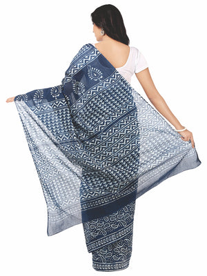 Indigo Dabu Hand Block Print Handcrafted Cotton Saree-Saree-Kalakari India-BAPASA0014-Cotton, Dabu, Geographical Indication, Hand Blocks, Hand Crafted, Heritage Prints, Indigo, Natural Dyes, Sarees, Sustainable Fabrics-[Linen,Ethnic,wear,Fashionista,Handloom,Handicraft,Indigo,blockprint,block,print,Cotton,Chanderi,Blue, latest,classy,party,bollywood,trendy,summer,style,traditional,formal,elegant,unique,style,hand,block,print, dabu,booti,gift,present,glamorous,affordable,collectible,Sari,Saree,pr