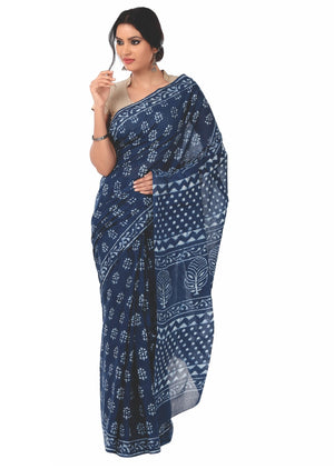 Indigo Dabu Hand Block Print Handcrafted Cotton Saree-Saree-Kalakari India-BAPASA0015-Cotton, Dabu, Geographical Indication, Hand Blocks, Hand Crafted, Heritage Prints, Indigo, Natural Dyes, Sarees, Sustainable Fabrics-[Linen,Ethnic,wear,Fashionista,Handloom,Handicraft,Indigo,blockprint,block,print,Cotton,Chanderi,Blue, latest,classy,party,bollywood,trendy,summer,style,traditional,formal,elegant,unique,style,hand,block,print, dabu,booti,gift,present,glamorous,affordable,collectible,Sari,Saree,pr