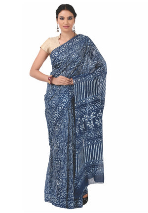 Indigo Dabu Hand Block Print Handcrafted Cotton Saree-Saree-Kalakari India-BAPASA0017-Cotton, Dabu, Geographical Indication, Hand Blocks, Hand Crafted, Heritage Prints, Indigo, Natural Dyes, Sarees, Sustainable Fabrics-[Linen,Ethnic,wear,Fashionista,Handloom,Handicraft,Indigo,blockprint,block,print,Cotton,Chanderi,Blue, latest,classy,party,bollywood,trendy,summer,style,traditional,formal,elegant,unique,style,hand,block,print, dabu,booti,gift,present,glamorous,affordable,collectible,Sari,Saree,pr