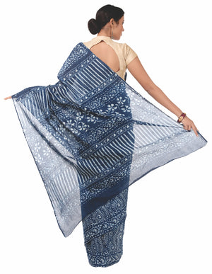 Indigo Dabu Hand Block Print Handcrafted Cotton Saree-Saree-Kalakari India-BAPASA0017-Cotton, Dabu, Geographical Indication, Hand Blocks, Hand Crafted, Heritage Prints, Indigo, Natural Dyes, Sarees, Sustainable Fabrics-[Linen,Ethnic,wear,Fashionista,Handloom,Handicraft,Indigo,blockprint,block,print,Cotton,Chanderi,Blue, latest,classy,party,bollywood,trendy,summer,style,traditional,formal,elegant,unique,style,hand,block,print, dabu,booti,gift,present,glamorous,affordable,collectible,Sari,Saree,pr