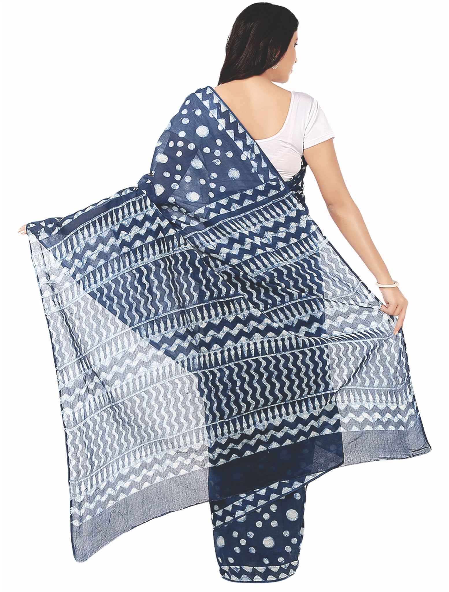 Indigo Dabu Hand Block Print Handcrafted Cotton Saree-Saree-Kalakari India-BAPASA0019-Cotton, Dabu, Geographical Indication, Hand Blocks, Hand Crafted, Heritage Prints, Indigo, Natural Dyes, Sarees, Sustainable Fabrics-[Linen,Ethnic,wear,Fashionista,Handloom,Handicraft,Indigo,blockprint,block,print,Cotton,Chanderi,Blue, latest,classy,party,bollywood,trendy,summer,style,traditional,formal,elegant,unique,style,hand,block,print, dabu,booti,gift,present,glamorous,affordable,collectible,Sari,Saree,pr