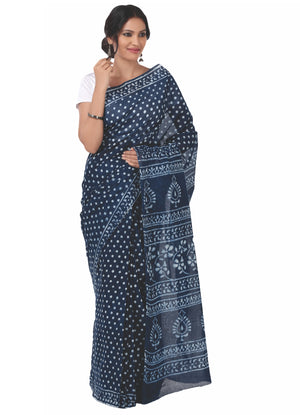 Indigo Dabu Hand Block Print Handcrafted Cotton Saree-Saree-Kalakari India-BAPASA0010-Cotton, Dabu, Geographical Indication, Hand Blocks, Hand Crafted, Heritage Prints, Indigo, Natural Dyes, Sarees, Sustainable Fabrics-[Linen,Ethnic,wear,Fashionista,Handloom,Handicraft,Indigo,blockprint,block,print,Cotton,Chanderi,Blue, latest,classy,party,bollywood,trendy,summer,style,traditional,formal,elegant,unique,style,hand,block,print, dabu,booti,gift,present,glamorous,affordable,collectible,Sari,Saree,pr