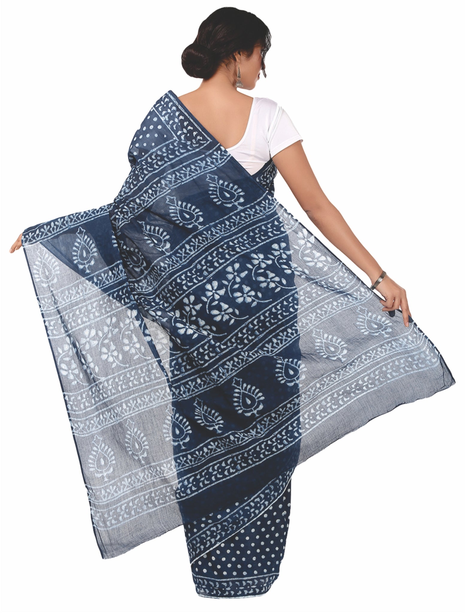 Indigo Dabu Hand Block Print Handcrafted Cotton Saree-Saree-Kalakari India-BAPASA0010-Cotton, Dabu, Geographical Indication, Hand Blocks, Hand Crafted, Heritage Prints, Indigo, Natural Dyes, Sarees, Sustainable Fabrics-[Linen,Ethnic,wear,Fashionista,Handloom,Handicraft,Indigo,blockprint,block,print,Cotton,Chanderi,Blue, latest,classy,party,bollywood,trendy,summer,style,traditional,formal,elegant,unique,style,hand,block,print, dabu,booti,gift,present,glamorous,affordable,collectible,Sari,Saree,pr