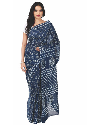 Indigo Dabu Hand Block Print Handcrafted Cotton Saree-Saree-Kalakari India-BAPASA0001-Cotton, Dabu, Geographical Indication, Hand Blocks, Hand Crafted, Heritage Prints, Indigo, Natural Dyes, Sarees, Sustainable Fabrics-[Linen,Ethnic,wear,Fashionista,Handloom,Handicraft,Indigo,blockprint,block,print,Cotton,Chanderi,Blue, latest,classy,party,bollywood,trendy,summer,style,traditional,formal,elegant,unique,style,hand,block,print, dabu,booti,gift,present,glamorous,affordable,collectible,Sari,Saree,pr