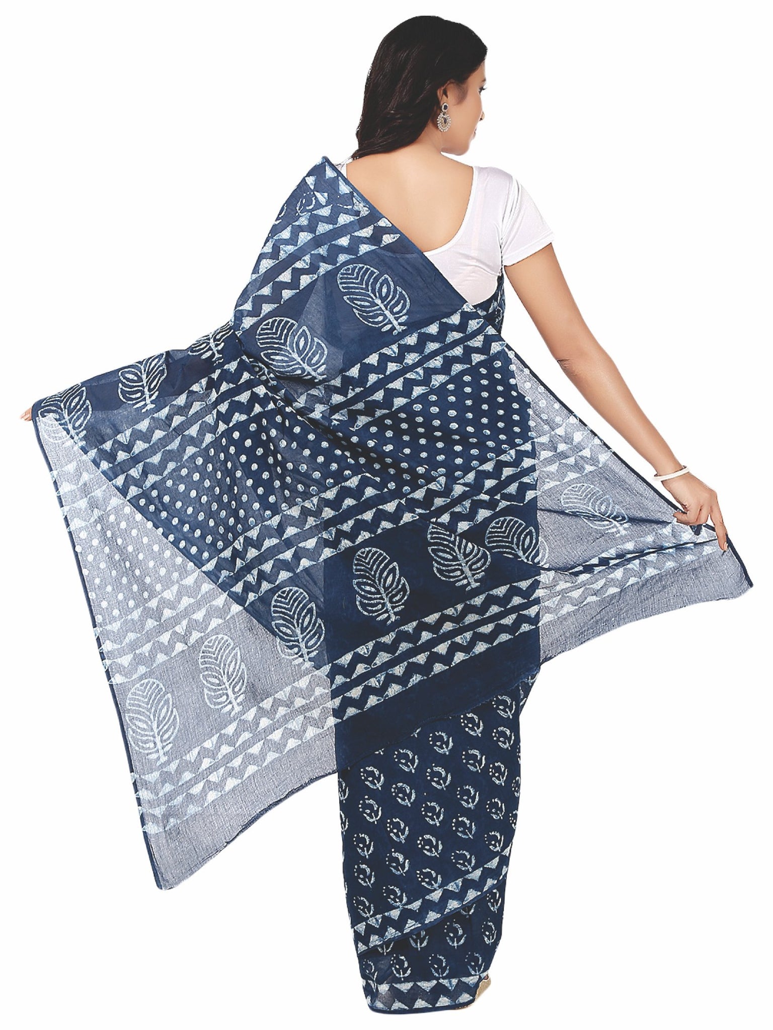 Indigo Dabu Hand Block Print Handcrafted Cotton Saree-Saree-Kalakari India-BAPASA0001-Cotton, Dabu, Geographical Indication, Hand Blocks, Hand Crafted, Heritage Prints, Indigo, Natural Dyes, Sarees, Sustainable Fabrics-[Linen,Ethnic,wear,Fashionista,Handloom,Handicraft,Indigo,blockprint,block,print,Cotton,Chanderi,Blue, latest,classy,party,bollywood,trendy,summer,style,traditional,formal,elegant,unique,style,hand,block,print, dabu,booti,gift,present,glamorous,affordable,collectible,Sari,Saree,pr