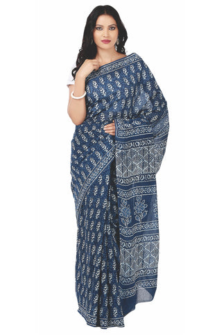 Indigo Dabu Hand Block Print Handcrafted Cotton Saree-Saree-Kalakari India-BAPASA0003-Cotton, Dabu, Geographical Indication, Hand Blocks, Hand Crafted, Heritage Prints, Indigo, Natural Dyes, Sarees, Sustainable Fabrics-[Linen,Ethnic,wear,Fashionista,Handloom,Handicraft,Indigo,blockprint,block,print,Cotton,Chanderi,Blue, latest,classy,party,bollywood,trendy,summer,style,traditional,formal,elegant,unique,style,hand,block,print, dabu,booti,gift,present,glamorous,affordable,collectible,Sari,Saree,pr