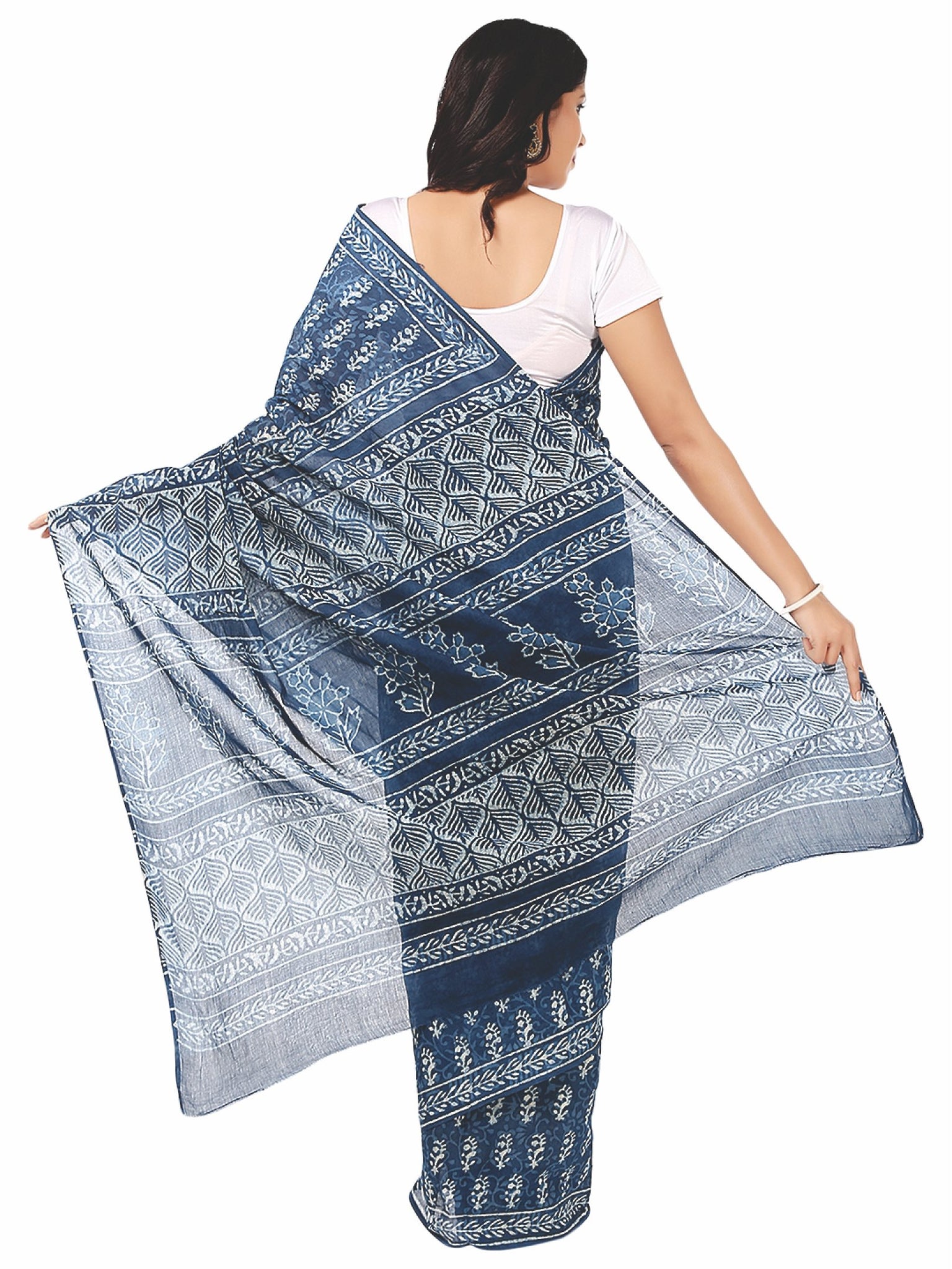 Indigo Dabu Hand Block Print Handcrafted Cotton Saree-Saree-Kalakari India-BAPASA0003-Cotton, Dabu, Geographical Indication, Hand Blocks, Hand Crafted, Heritage Prints, Indigo, Natural Dyes, Sarees, Sustainable Fabrics-[Linen,Ethnic,wear,Fashionista,Handloom,Handicraft,Indigo,blockprint,block,print,Cotton,Chanderi,Blue, latest,classy,party,bollywood,trendy,summer,style,traditional,formal,elegant,unique,style,hand,block,print, dabu,booti,gift,present,glamorous,affordable,collectible,Sari,Saree,pr