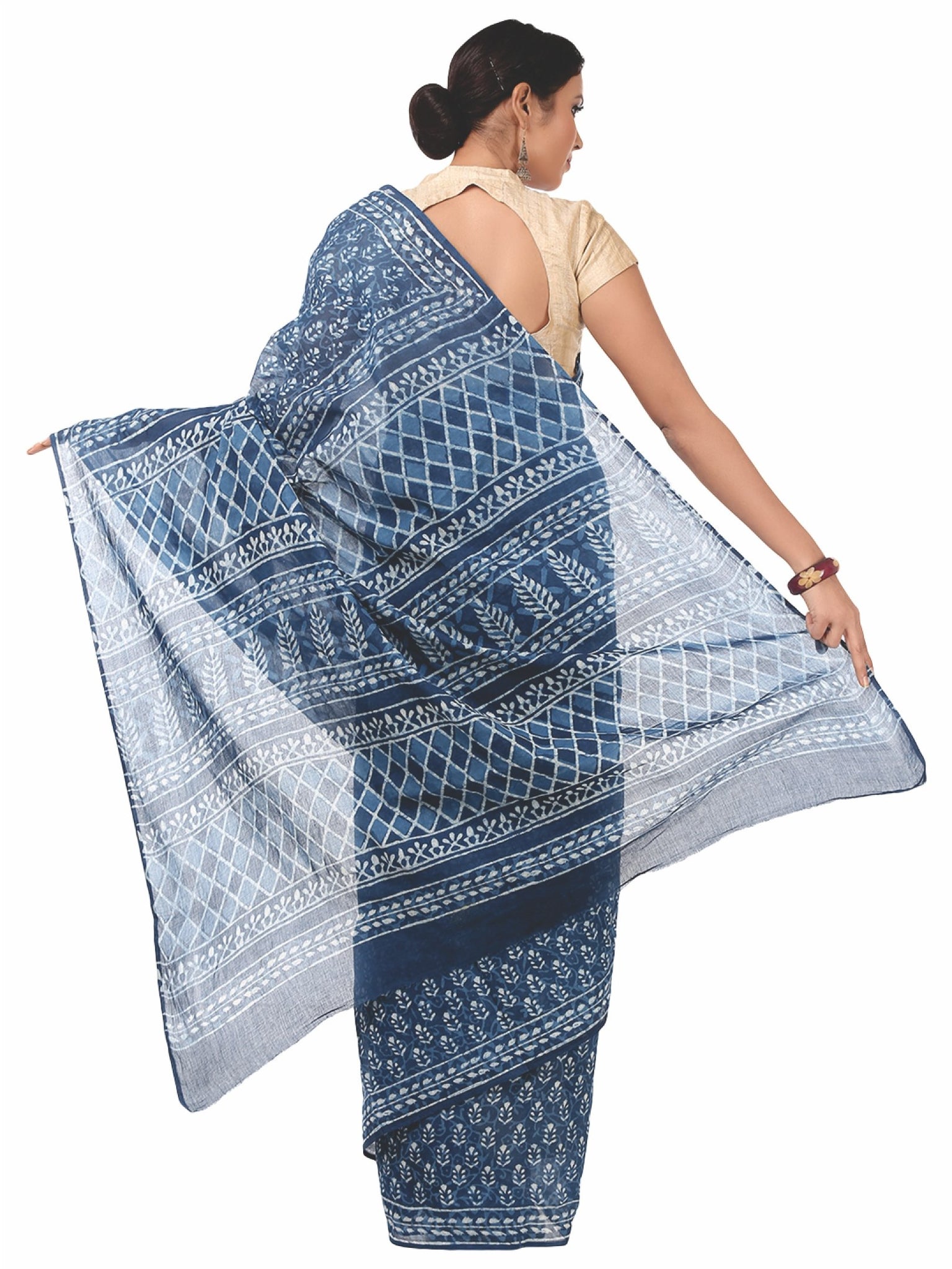 Indigo Dabu Hand Block Print Handcrafted Cotton Saree-Saree-Kalakari India-BAPASA0004-Cotton, Dabu, Geographical Indication, Hand Blocks, Hand Crafted, Heritage Prints, Indigo, Natural Dyes, Sarees, Sustainable Fabrics-[Linen,Ethnic,wear,Fashionista,Handloom,Handicraft,Indigo,blockprint,block,print,Cotton,Chanderi,Blue, latest,classy,party,bollywood,trendy,summer,style,traditional,formal,elegant,unique,style,hand,block,print, dabu,booti,gift,present,glamorous,affordable,collectible,Sari,Saree,pr