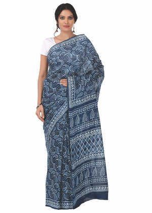 Indigo Dabu Hand Block Print Handcrafted Cotton Saree-Saree-Kalakari India-BAPASA0006-Cotton, Dabu, Geographical Indication, Hand Blocks, Hand Crafted, Heritage Prints, Indigo, Natural Dyes, Sarees, Sustainable Fabrics-[Linen,Ethnic,wear,Fashionista,Handloom,Handicraft,Indigo,blockprint,block,print,Cotton,Chanderi,Blue, latest,classy,party,bollywood,trendy,summer,style,traditional,formal,elegant,unique,style,hand,block,print, dabu,booti,gift,present,glamorous,affordable,collectible,Sari,Saree,pr