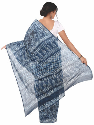 Indigo Dabu Hand Block Print Handcrafted Cotton Saree-Saree-Kalakari India-BAPASA0006-Cotton, Dabu, Geographical Indication, Hand Blocks, Hand Crafted, Heritage Prints, Indigo, Natural Dyes, Sarees, Sustainable Fabrics-[Linen,Ethnic,wear,Fashionista,Handloom,Handicraft,Indigo,blockprint,block,print,Cotton,Chanderi,Blue, latest,classy,party,bollywood,trendy,summer,style,traditional,formal,elegant,unique,style,hand,block,print, dabu,booti,gift,present,glamorous,affordable,collectible,Sari,Saree,pr