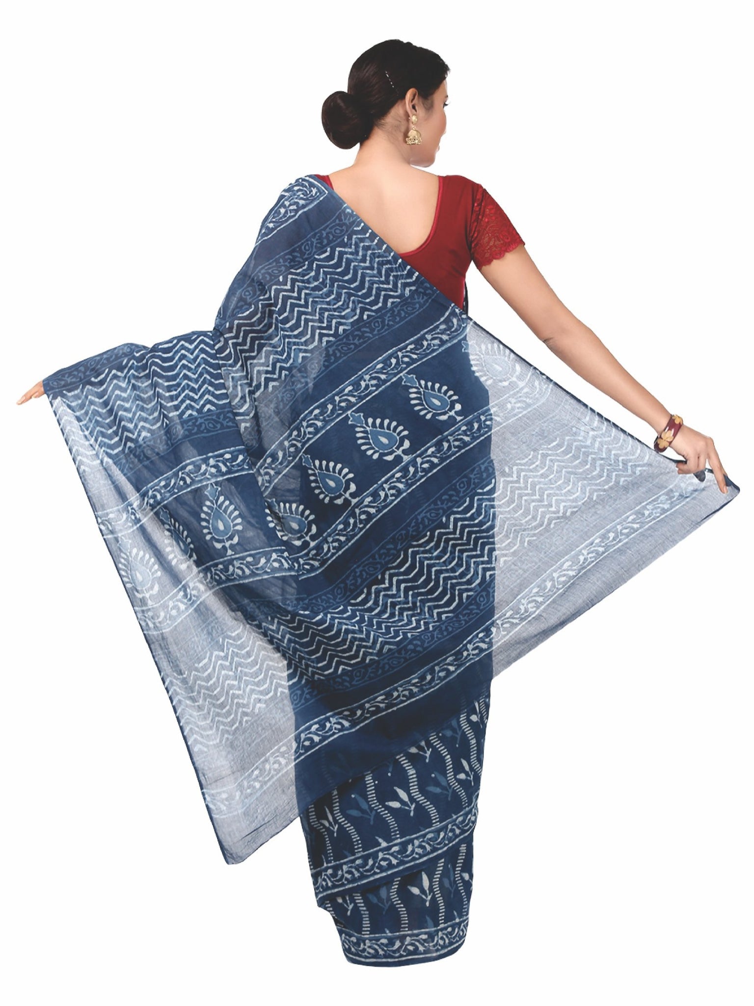 Indigo Dabu Hand Block Print Handcrafted Cotton Saree-Saree-Kalakari India-BAPASA0007-Cotton, Dabu, Geographical Indication, Hand Blocks, Hand Crafted, Heritage Prints, Indigo, Natural Dyes, Sarees, Sustainable Fabrics-[Linen,Ethnic,wear,Fashionista,Handloom,Handicraft,Indigo,blockprint,block,print,Cotton,Chanderi,Blue, latest,classy,party,bollywood,trendy,summer,style,traditional,formal,elegant,unique,style,hand,block,print, dabu,booti,gift,present,glamorous,affordable,collectible,Sari,Saree,pr