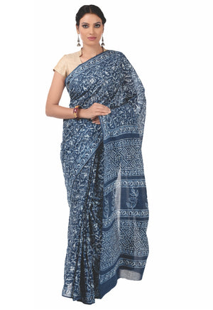 Indigo Dabu Hand Block Print Handcrafted Cotton Saree-Saree-Kalakari India-BAPASA0008-Cotton, Dabu, Geographical Indication, Hand Blocks, Hand Crafted, Heritage Prints, Indigo, Natural Dyes, Sarees, Sustainable Fabrics-[Linen,Ethnic,wear,Fashionista,Handloom,Handicraft,Indigo,blockprint,block,print,Cotton,Chanderi,Blue, latest,classy,party,bollywood,trendy,summer,style,traditional,formal,elegant,unique,style,hand,block,print, dabu,booti,gift,present,glamorous,affordable,collectible,Sari,Saree,pr