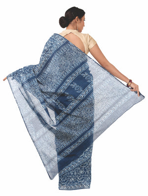 Indigo Dabu Hand Block Print Handcrafted Cotton Saree-Saree-Kalakari India-BAPASA0008-Cotton, Dabu, Geographical Indication, Hand Blocks, Hand Crafted, Heritage Prints, Indigo, Natural Dyes, Sarees, Sustainable Fabrics-[Linen,Ethnic,wear,Fashionista,Handloom,Handicraft,Indigo,blockprint,block,print,Cotton,Chanderi,Blue, latest,classy,party,bollywood,trendy,summer,style,traditional,formal,elegant,unique,style,hand,block,print, dabu,booti,gift,present,glamorous,affordable,collectible,Sari,Saree,pr