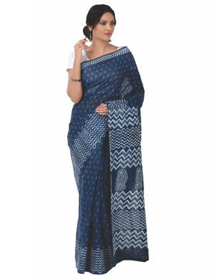 Indigo Dabu Hand Block Print Handcrafted Cotton Saree-Saree-Kalakari India-BAPASA0009-Cotton, Dabu, Geographical Indication, Hand Blocks, Hand Crafted, Heritage Prints, Indigo, Natural Dyes, Sarees, Sustainable Fabrics-[Linen,Ethnic,wear,Fashionista,Handloom,Handicraft,Indigo,blockprint,block,print,Cotton,Chanderi,Blue, latest,classy,party,bollywood,trendy,summer,style,traditional,formal,elegant,unique,style,hand,block,print, dabu,booti,gift,present,glamorous,affordable,collectible,Sari,Saree,pr