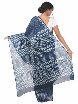 Indigo Dabu Hand Block Print Handcrafted Cotton Saree-Saree-Kalakari India-BAPASA0009-Cotton, Dabu, Geographical Indication, Hand Blocks, Hand Crafted, Heritage Prints, Indigo, Natural Dyes, Sarees, Sustainable Fabrics-[Linen,Ethnic,wear,Fashionista,Handloom,Handicraft,Indigo,blockprint,block,print,Cotton,Chanderi,Blue, latest,classy,party,bollywood,trendy,summer,style,traditional,formal,elegant,unique,style,hand,block,print, dabu,booti,gift,present,glamorous,affordable,collectible,Sari,Saree,pr
