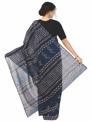 Indigo Tarapur Hand Block Print Handcrafted Cotton Saree-Saree-Kalakari India-BAPASA0021-Cotton, Geographical Indication, Hand Blocks, Hand Crafted, Heritage Prints, Indigo, Natural Dyes, Sarees, Sustainable Fabrics, Tarapur-[Linen,Ethnic,wear,Fashionista,Handloom,Handicraft,Indigo,blockprint,block,print,Cotton,Chanderi,Blue, latest,classy,party,bollywood,trendy,summer,style,traditional,formal,elegant,unique,style,hand,block,print, dabu,booti,gift,present,glamorous,affordable,collectible,Sari,Sa