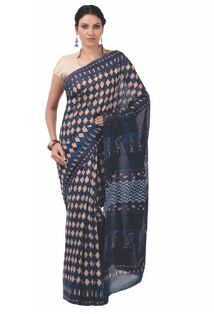 Indigo Tarapur Hand Block Print Handcrafted Cotton Saree-Saree-Kalakari India-BAPASA0022-Cotton, Geographical Indication, Hand Blocks, Hand Crafted, Heritage Prints, Indigo, Natural Dyes, Sarees, Sustainable Fabrics, Tarapur-[Linen,Ethnic,wear,Fashionista,Handloom,Handicraft,Indigo,blockprint,block,print,Cotton,Chanderi,Blue, latest,classy,party,bollywood,trendy,summer,style,traditional,formal,elegant,unique,style,hand,block,print, dabu,booti,gift,present,glamorous,affordable,collectible,Sari,Sa