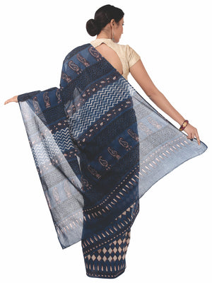 Indigo Tarapur Hand Block Print Handcrafted Cotton Saree-Saree-Kalakari India-BAPASA0022-Cotton, Geographical Indication, Hand Blocks, Hand Crafted, Heritage Prints, Indigo, Natural Dyes, Sarees, Sustainable Fabrics, Tarapur-[Linen,Ethnic,wear,Fashionista,Handloom,Handicraft,Indigo,blockprint,block,print,Cotton,Chanderi,Blue, latest,classy,party,bollywood,trendy,summer,style,traditional,formal,elegant,unique,style,hand,block,print, dabu,booti,gift,present,glamorous,affordable,collectible,Sari,Sa