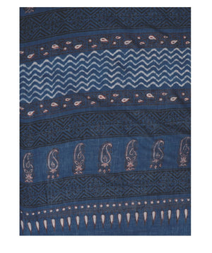 Indigo Tarapur Hand Block Print Handcrafted Cotton Saree-Saree-Kalakari India-BAPASA0022-Cotton, Geographical Indication, Hand Blocks, Hand Crafted, Heritage Prints, Indigo, Natural Dyes, Sarees, Sustainable Fabrics, Tarapur-[Linen,Ethnic,wear,Fashionista,Handloom,Handicraft,Indigo,blockprint,block,print,Cotton,Chanderi,Blue, latest,classy,party,bollywood,trendy,summer,style,traditional,formal,elegant,unique,style,hand,block,print, dabu,booti,gift,present,glamorous,affordable,collectible,Sari,Sa