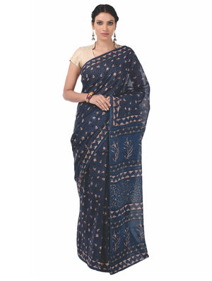 Indigo Tarapur Hand Block Print Handcrafted Cotton Saree-Saree-Kalakari India-BAPASA0024-Cotton, Geographical Indication, Hand Blocks, Hand Crafted, Heritage Prints, Indigo, Natural Dyes, Sarees, Sustainable Fabrics, Tarapur-[Linen,Ethnic,wear,Fashionista,Handloom,Handicraft,Indigo,blockprint,block,print,Cotton,Chanderi,Blue, latest,classy,party,bollywood,trendy,summer,style,traditional,formal,elegant,unique,style,hand,block,print, dabu,booti,gift,present,glamorous,affordable,collectible,Sari,Sa