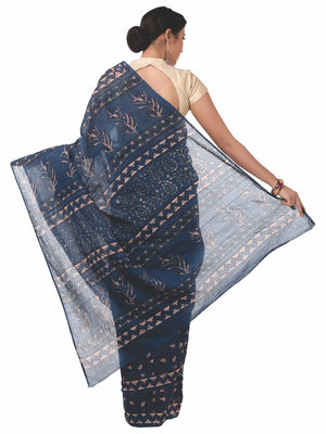 Indigo Tarapur Hand Block Print Handcrafted Cotton Saree-Saree-Kalakari India-BAPASA0024-Cotton, Geographical Indication, Hand Blocks, Hand Crafted, Heritage Prints, Indigo, Natural Dyes, Sarees, Sustainable Fabrics, Tarapur-[Linen,Ethnic,wear,Fashionista,Handloom,Handicraft,Indigo,blockprint,block,print,Cotton,Chanderi,Blue, latest,classy,party,bollywood,trendy,summer,style,traditional,formal,elegant,unique,style,hand,block,print, dabu,booti,gift,present,glamorous,affordable,collectible,Sari,Sa