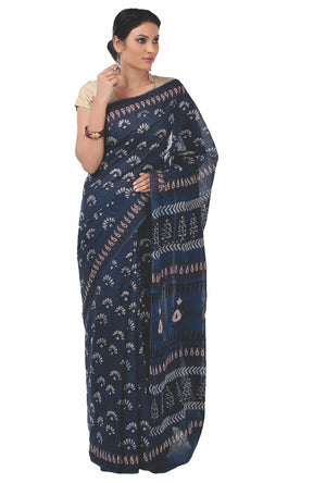 Indigo Tarapur Hand Block Print Handcrafted Cotton Saree-Saree-Kalakari India-BAPASA0026-Cotton, Geographical Indication, Hand Blocks, Hand Crafted, Heritage Prints, Indigo, Natural Dyes, Sarees, Sustainable Fabrics, Tarapur-[Linen,Ethnic,wear,Fashionista,Handloom,Handicraft,Indigo,blockprint,block,print,Cotton,Chanderi,Blue, latest,classy,party,bollywood,trendy,summer,style,traditional,formal,elegant,unique,style,hand,block,print, dabu,booti,gift,present,glamorous,affordable,collectible,Sari,Sa