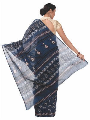 Indigo Tarapur Hand Block Print Handcrafted Cotton Saree-Saree-Kalakari India-BAPASA0026-Cotton, Geographical Indication, Hand Blocks, Hand Crafted, Heritage Prints, Indigo, Natural Dyes, Sarees, Sustainable Fabrics, Tarapur-[Linen,Ethnic,wear,Fashionista,Handloom,Handicraft,Indigo,blockprint,block,print,Cotton,Chanderi,Blue, latest,classy,party,bollywood,trendy,summer,style,traditional,formal,elegant,unique,style,hand,block,print, dabu,booti,gift,present,glamorous,affordable,collectible,Sari,Sa