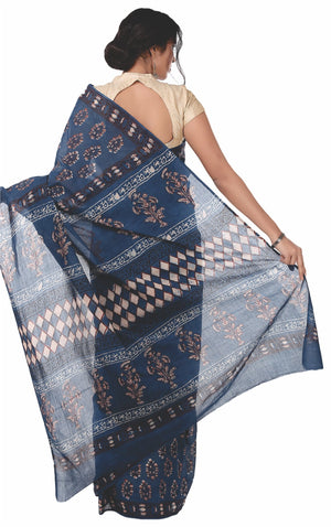 Indigo Tarapur Hand Block Print Handcrafted Cotton Saree-Saree-Kalakari India-BAPASA0027-Cotton, Geographical Indication, Hand Blocks, Hand Crafted, Heritage Prints, Indigo, Natural Dyes, Sarees, Sustainable Fabrics, Tarapur-[Linen,Ethnic,wear,Fashionista,Handloom,Handicraft,Indigo,blockprint,block,print,Cotton,Chanderi,Blue, latest,classy,party,bollywood,trendy,summer,style,traditional,formal,elegant,unique,style,hand,block,print, dabu,booti,gift,present,glamorous,affordable,collectible,Sari,Sa